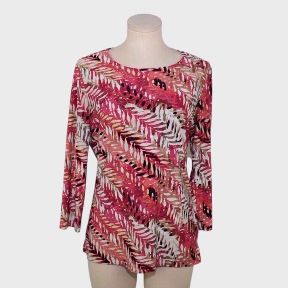 JM Collection Tropical Leaf Print Scoop Neck Stretch Top